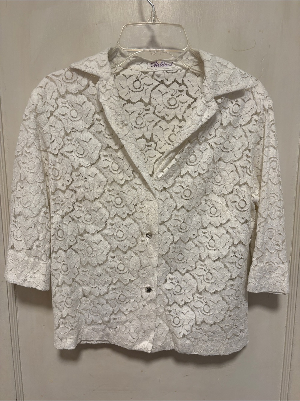 Vintage Lady Mildred White Lace Crystal Button-Front Three Quarter Sleeve Blouse